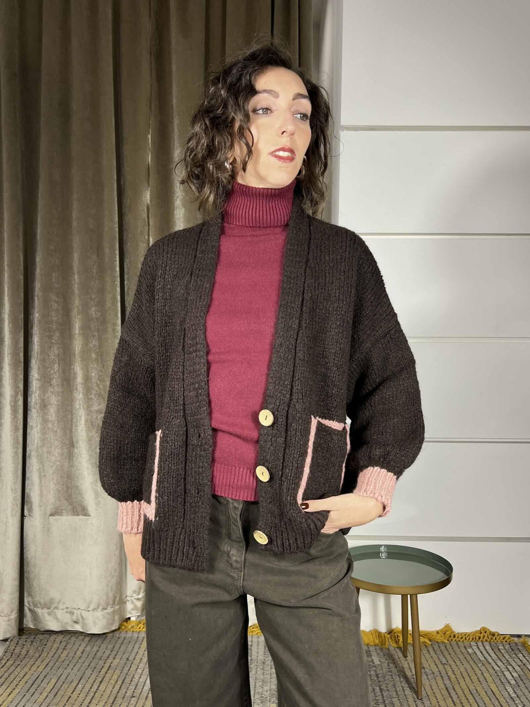 cardigan moro over con tasche bicolore rosa JIT-P023MORO HAVE ONE