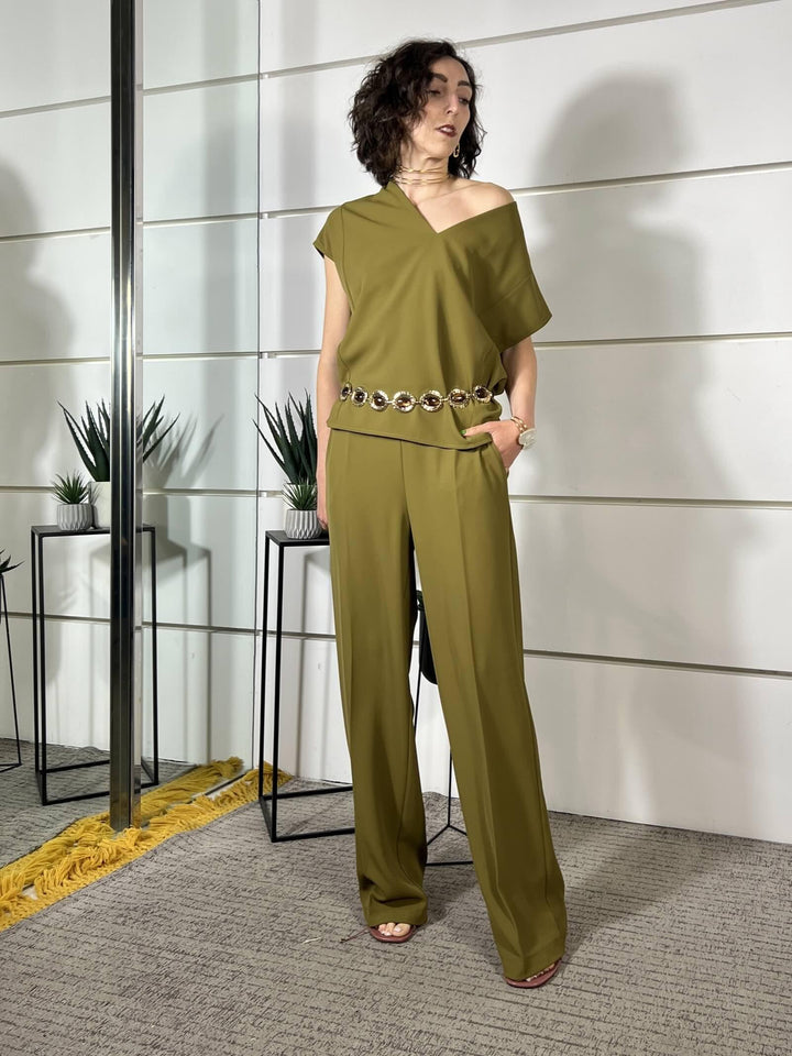 completoverde oliva blusa scollo a v e pantalone 30621VERDE OLIVA SUSY MIX