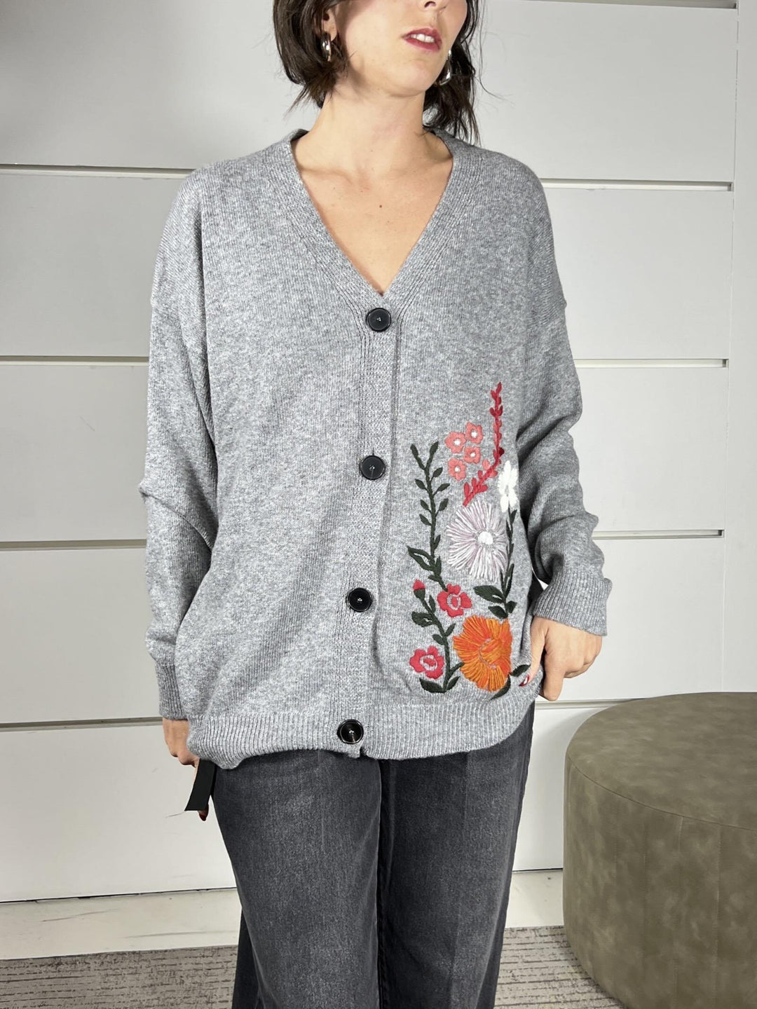 cardigan grigio con ricamo fiori in misto lana 77151FGRIGIO VICOLO