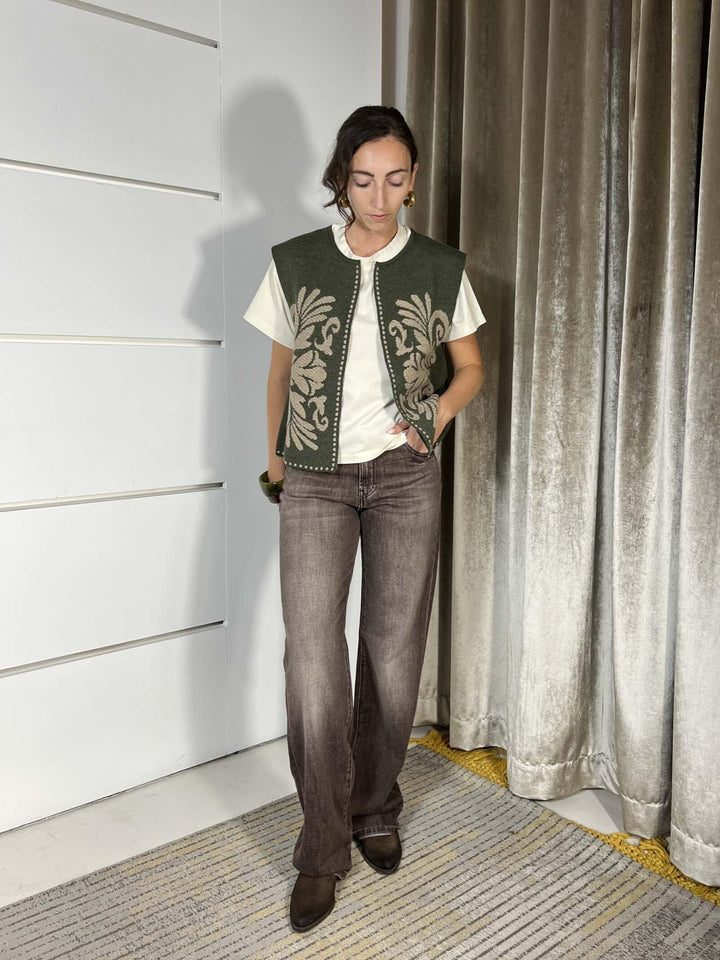 GILET VERDE IN MAGLIA CON RICAMI TAUPE W5HMG35A400GREEN TENSIONE IN