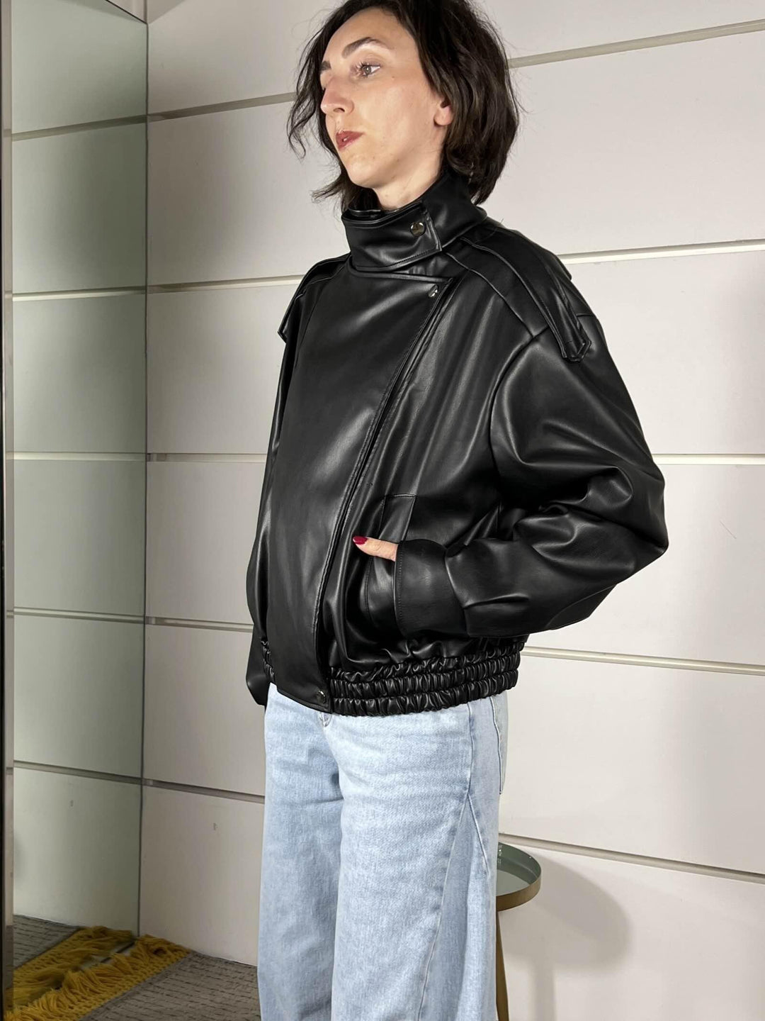 bomber in ecopelle collo alto nero TAB1047NERO VICOLO