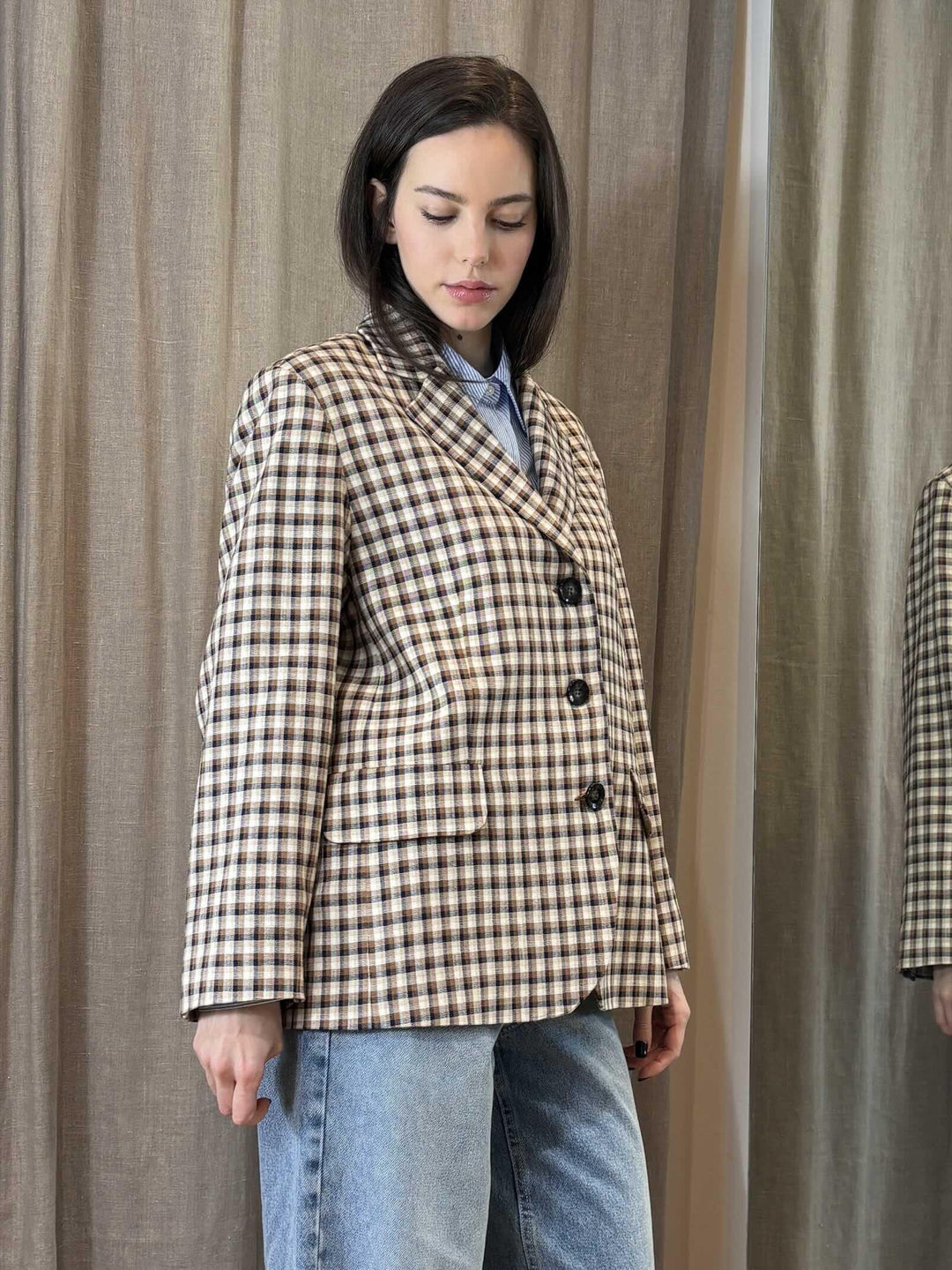blazer over check panna cuoio blu GHIOTTO005 iBLUES