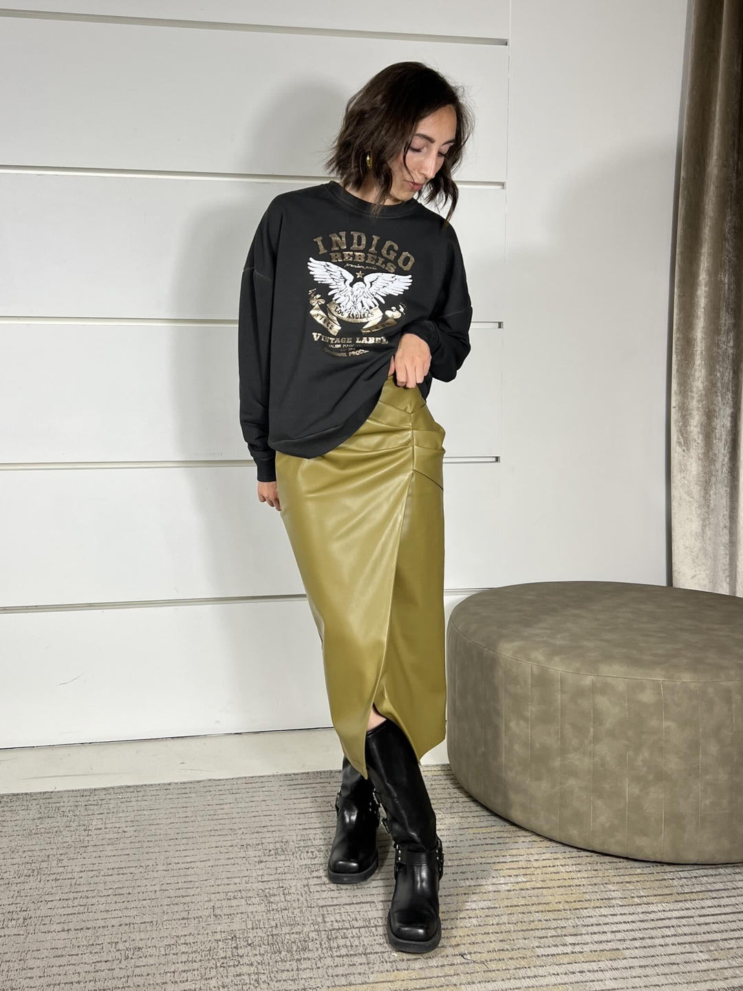 gonna in ecopelle midi con arricciatursa  verde oliva SK894Q01VERDE OLIVA SUSY MIX