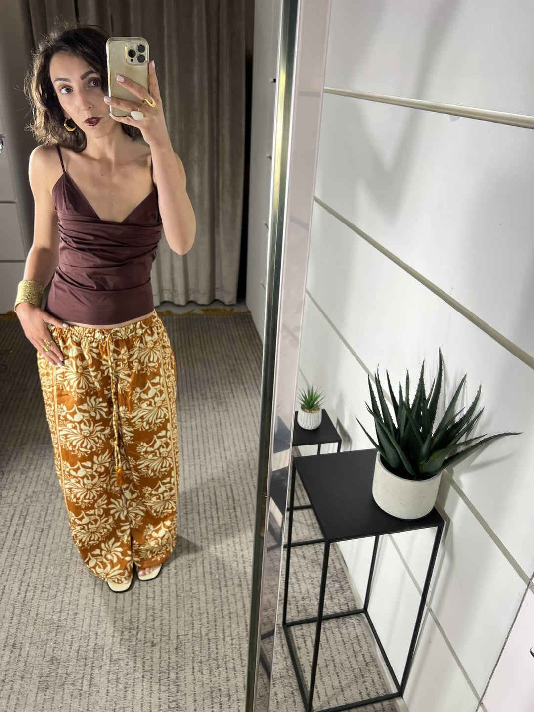 pantalone a palazzo fantasia etnica burro e arancio in misto seta A002ARANCIO/BURRO SPICY CAFE