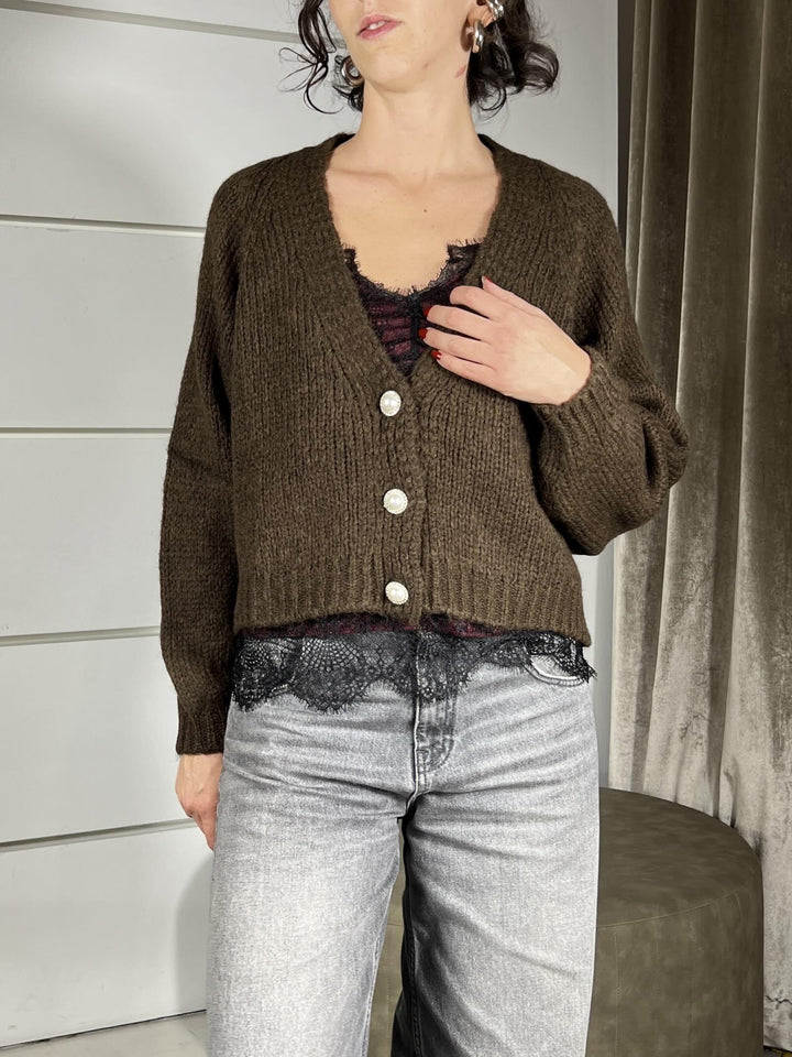 cardigan moro scollo a v con bottone gioiello JIT-P021MORO HAVE ONE