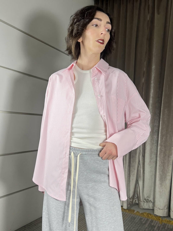 camicia tensione in over a righe con tasca, sfiancata nel retro 26C3794ROSA TENSIONE IN