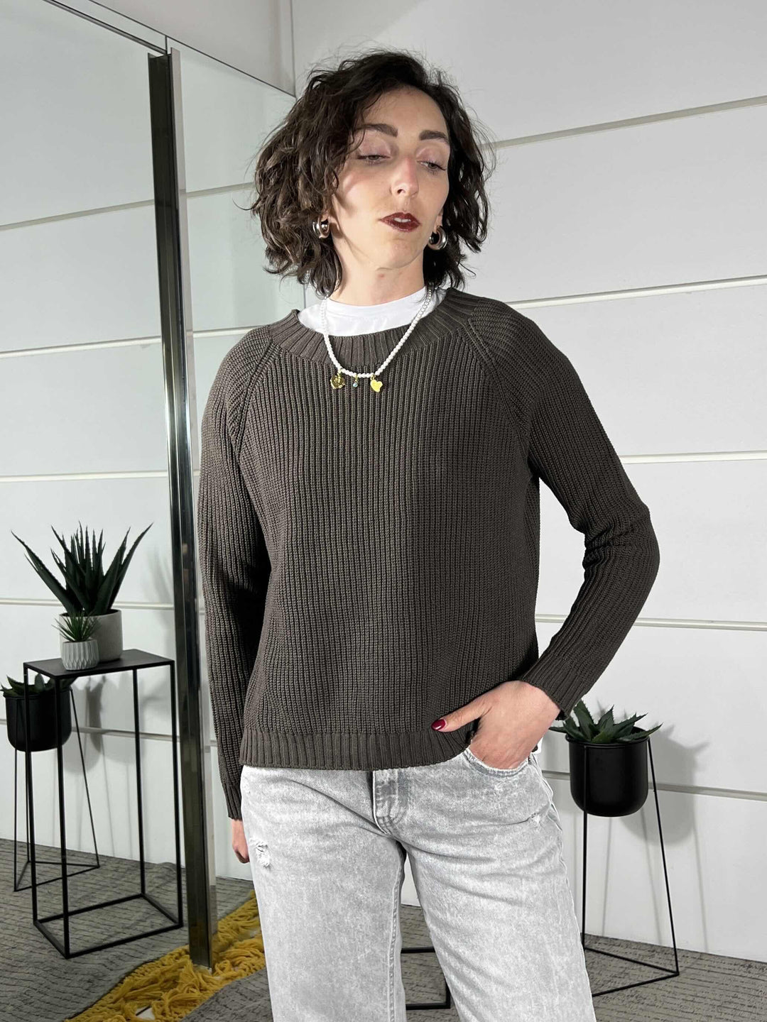 maglia manica lunga punto pannocchia in cotone moro 61041MORO SUSY MIX