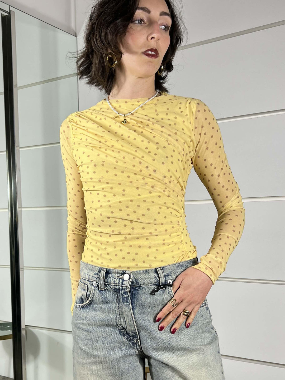 body a pois giallo in tulle con arricciatura sul fianco LD5048GIALLO LUMINA