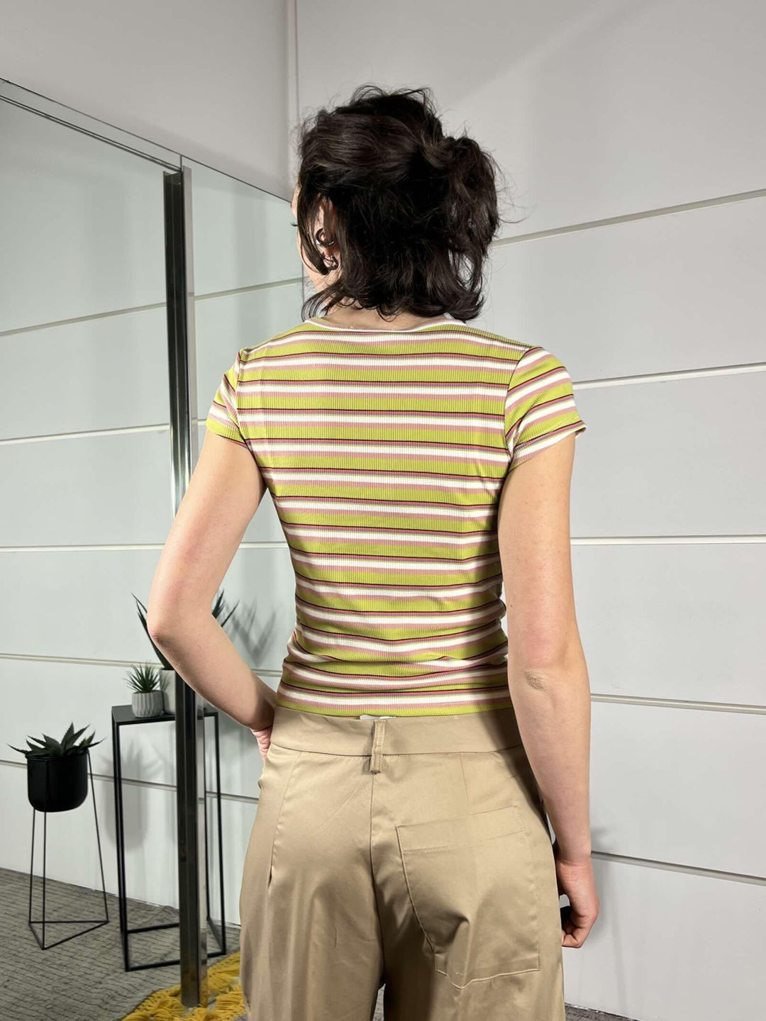t-shirt a girocollo manica corta a righe colorate verde 12487GREEN FEMME SELECTION