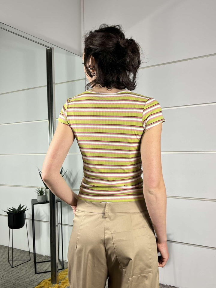 t-shirt a girocollo manica corta a righe colorate verde 12487GREEN FEMME SELECTION