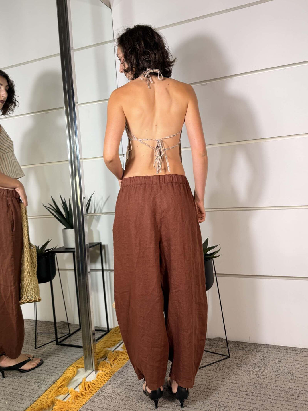 pantalone barrel 100% lino con elastico in vita e coulisse ruggine 6128RUGGINE SPICY CAFE