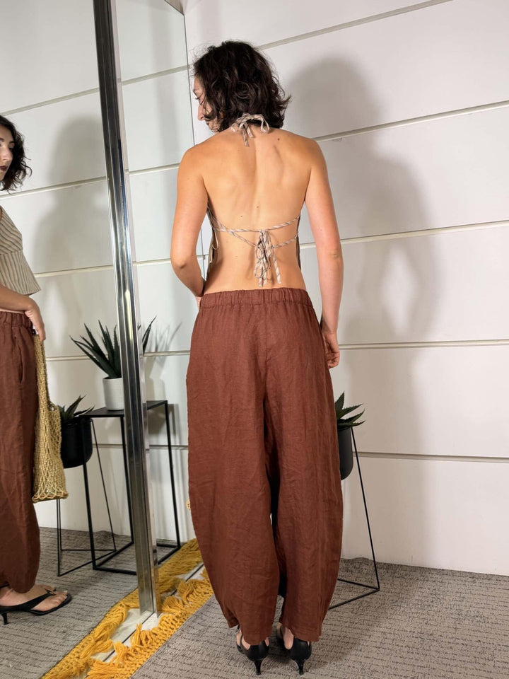 pantalone barrel 100% lino con elastico in vita e coulisse ruggine 6128RUGGINE SPICY CAFE