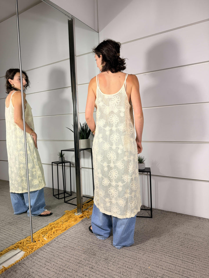 Gilet lungo a rete con fiori panna WM2465PANNA SPICY CAFE