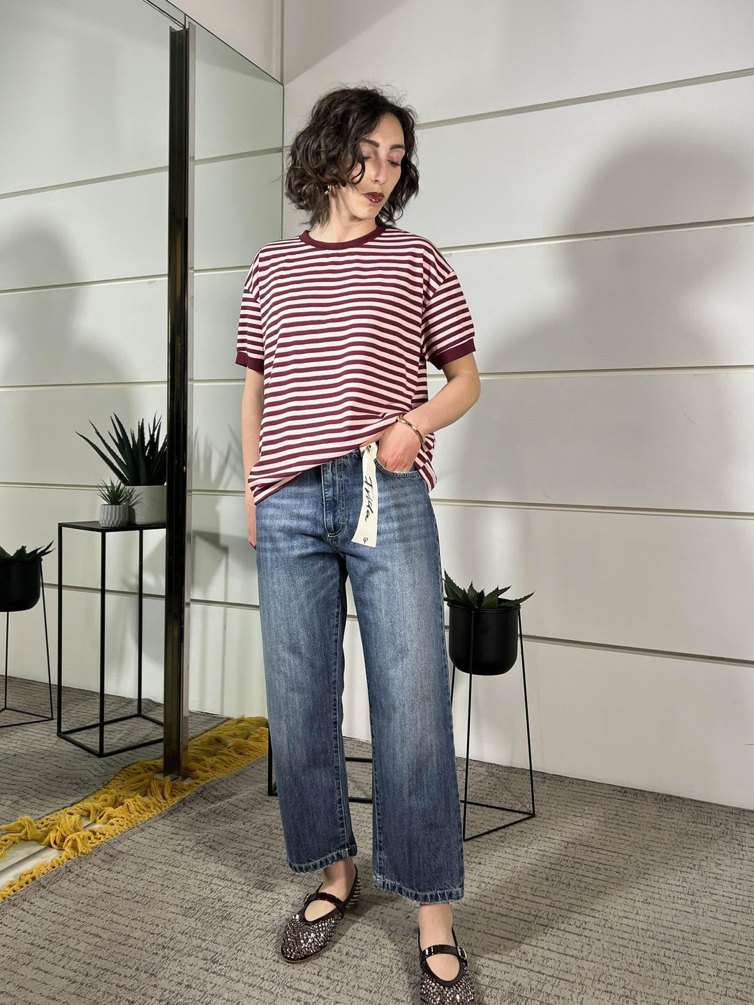 t-shirt girocollo a righe, manica corta rosa e bordeaux 26M4121ROSA/BORDEAUX TENSIONE IN