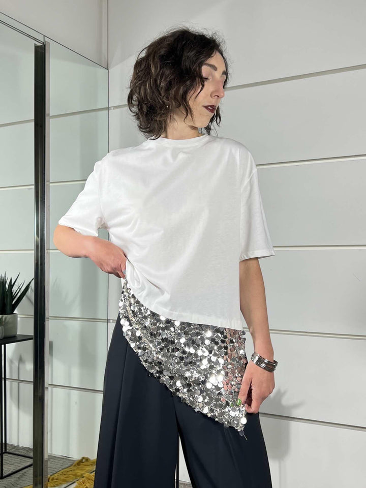 t-shirt girocollo manica corta  con paillettes nel fondoargento PE260187PANNA TENSIONE IN