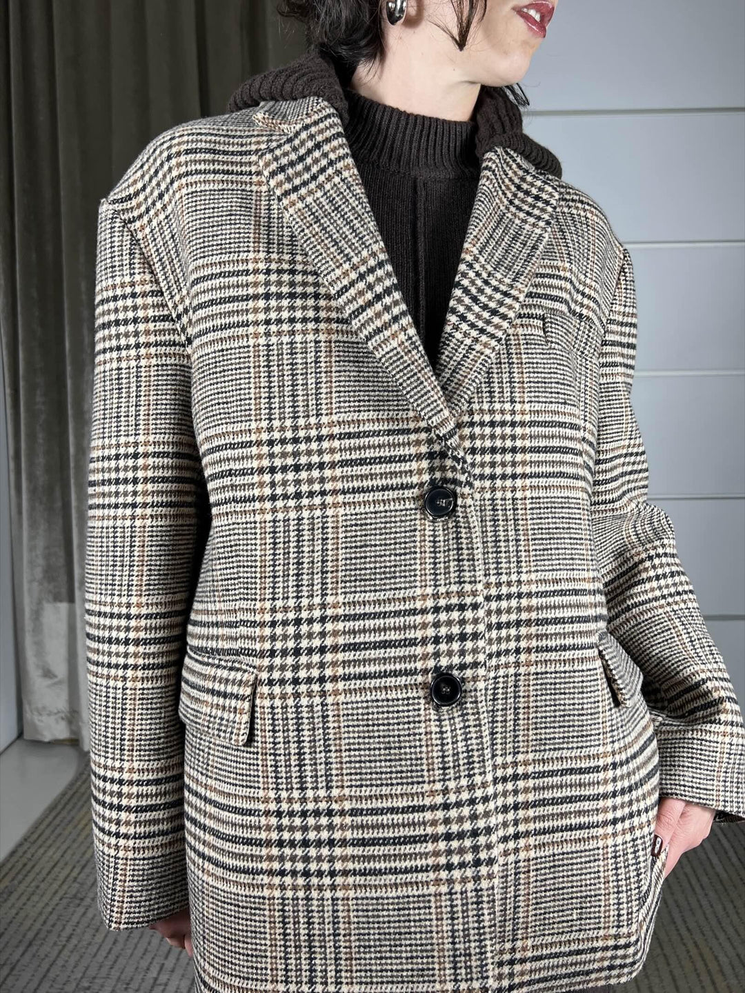 giacca cappotto pied de poule con cappuccio in maglia staccabile TF2084MORO/BURRO/BRUCIATO VICOLO
