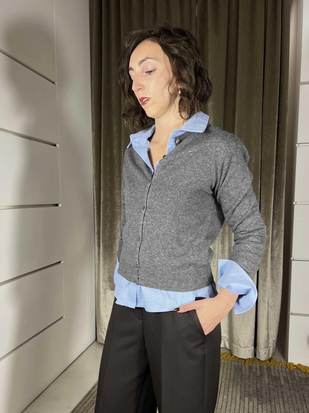 cardigan girocollo con bottoncini in misto lana e cashmere antracite D82083ANTRACITE TENSIONE IN