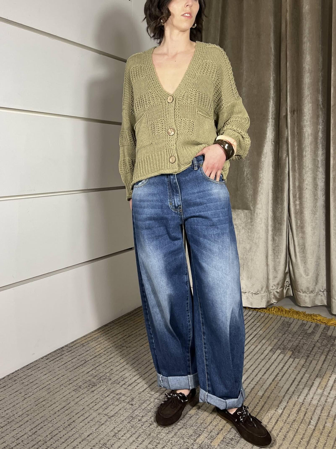 cardigan kaki scollo a v con bottoni e bande rilievo JIT-Q006KAKI HAVE ONE