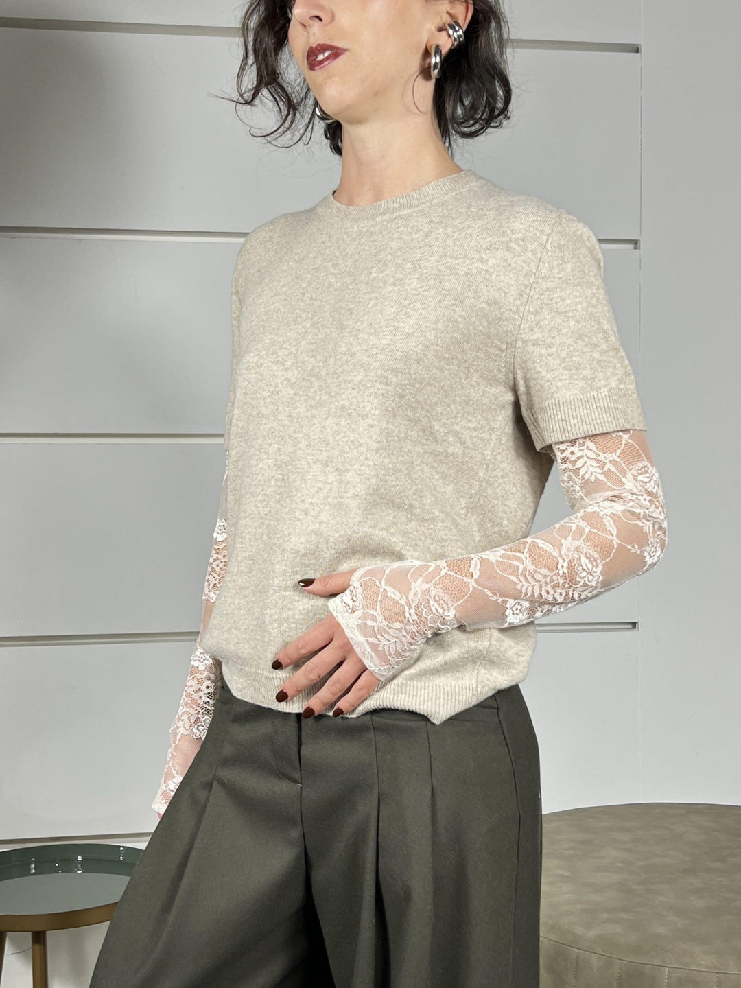 maglia sabbia con manica in pizzo 22199FSABBIA VICOLO