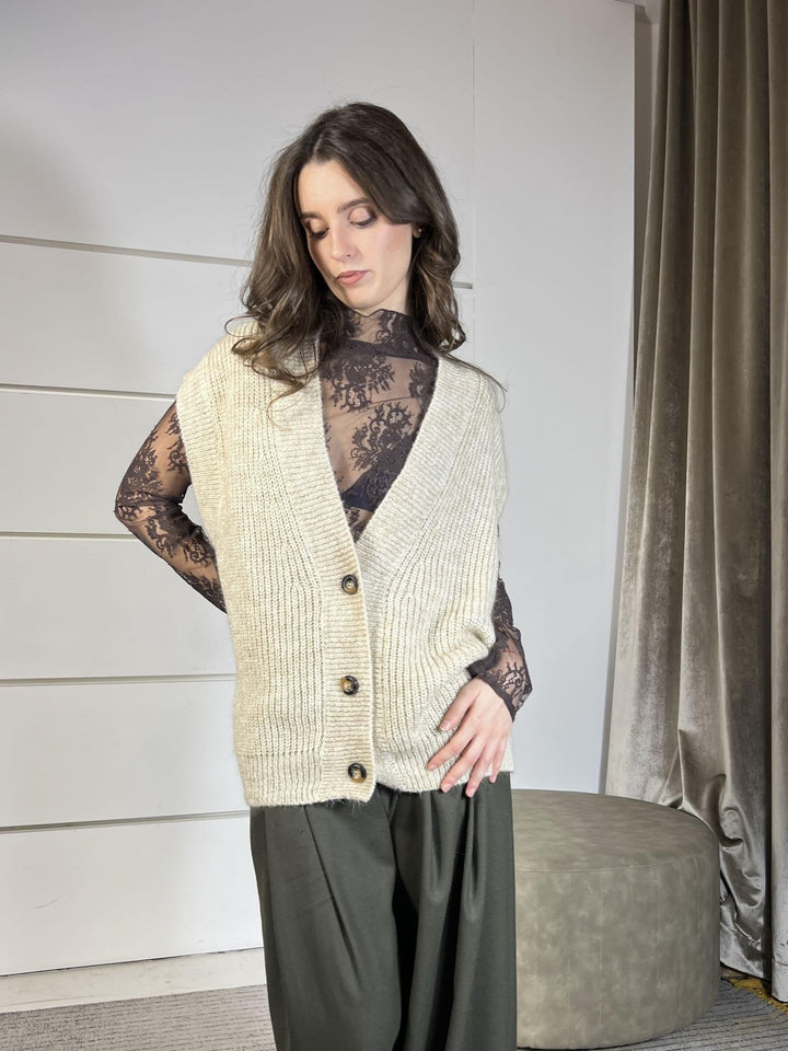 gilet con bottoni over scollo a vbeige misto lana giromanica ampio 55183FBEIGE VICOLO