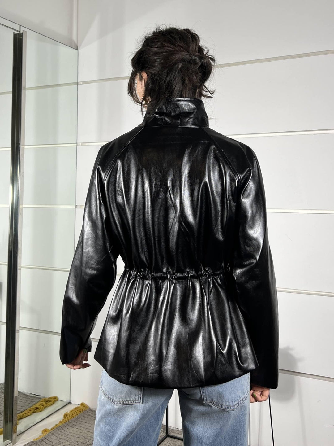 giubbotto zip e coulisse in vita nero in ecopelle lucida 2905NERO SUSY MIX