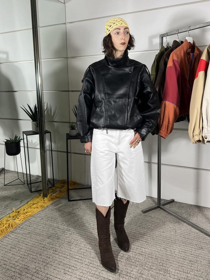 bomber in ecopelle collo alto con patta martellato nero 39025NERO TENSIONE IN