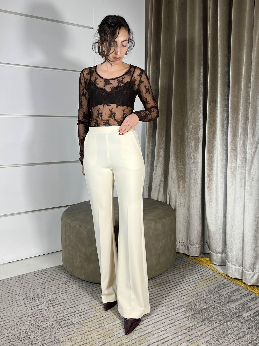 pantalone a zampa gesso con inserti in raso P3E9KAW1132 IMPERIAL
