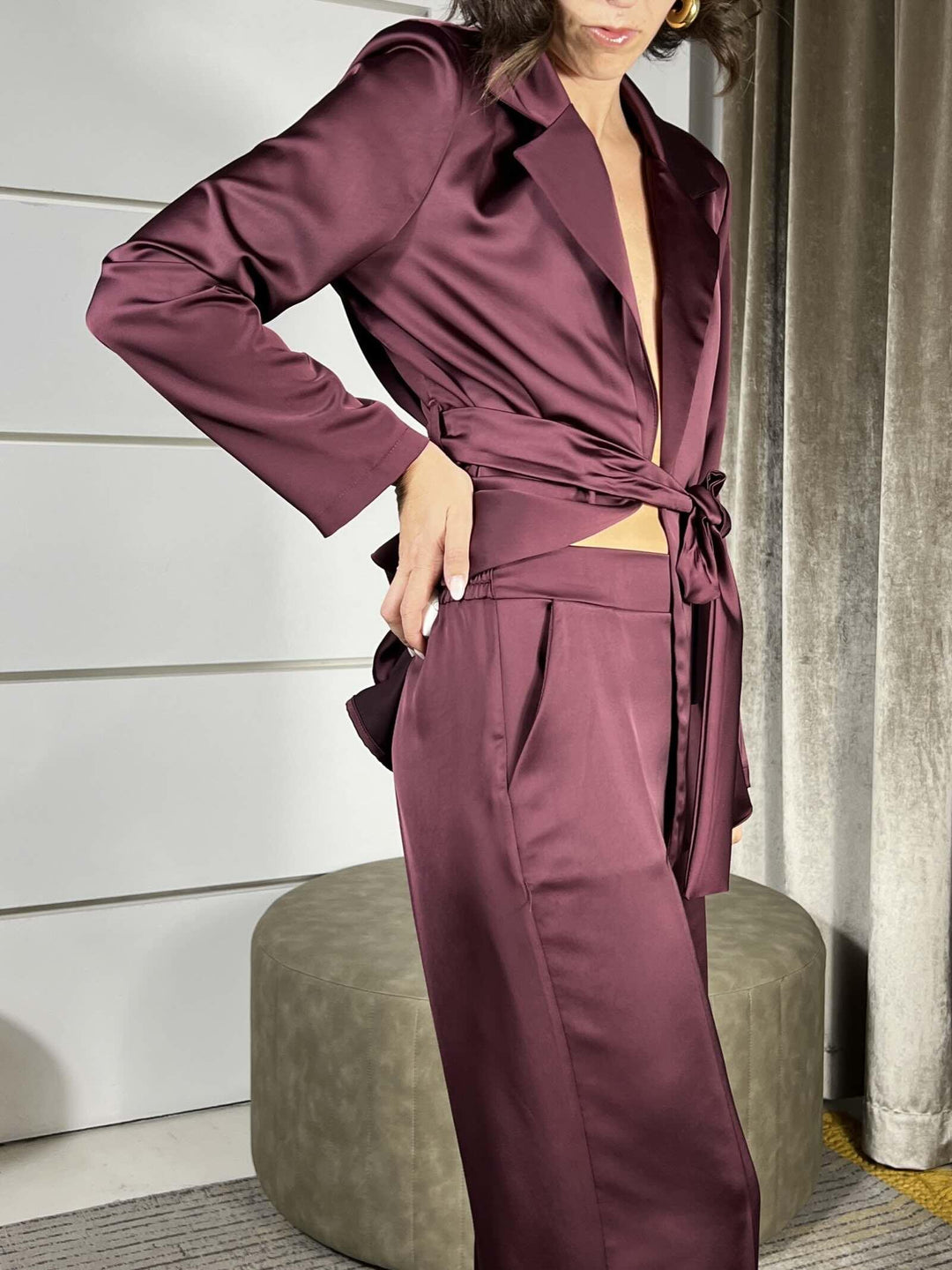 COMPLETO GIACCA CON CINTA E PANTALONE A PALAZZO BORDEAUX 30323VINO SUSY MIX
