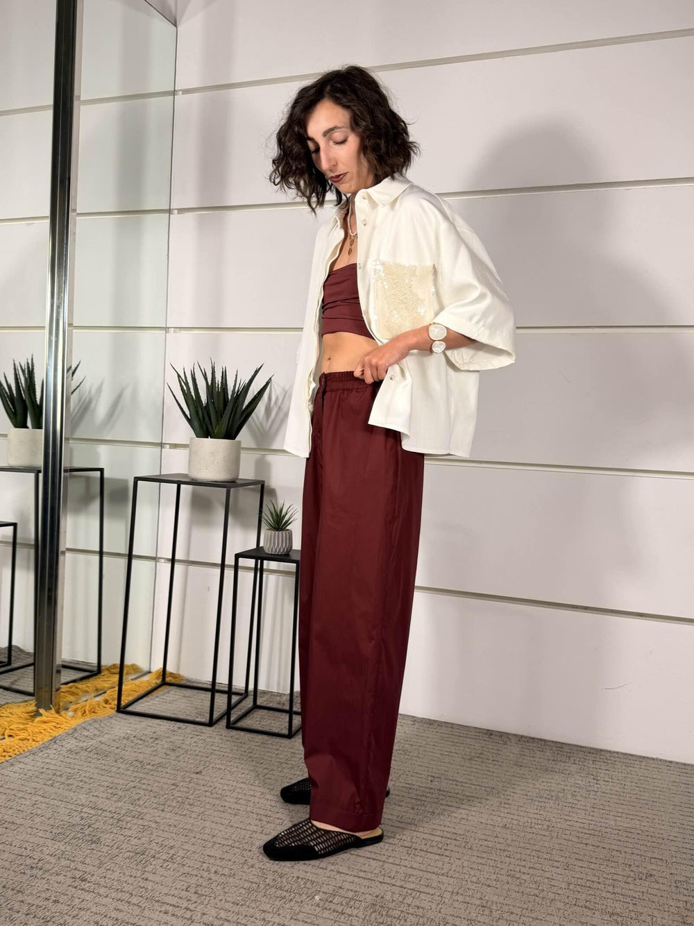 pantalone in fresco cotone con elastico in vita bordo 26P4936BORDO TENSIONE IN