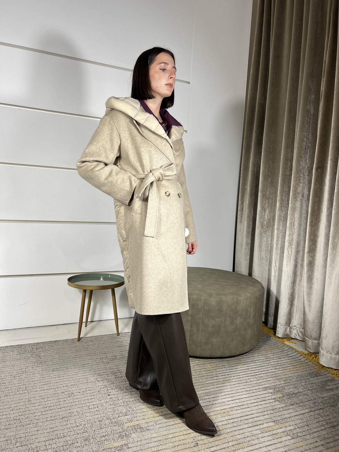 cappotto beige con inserti in piumino con cinta 50% lana hand made TF0028BEIGE VICOLO