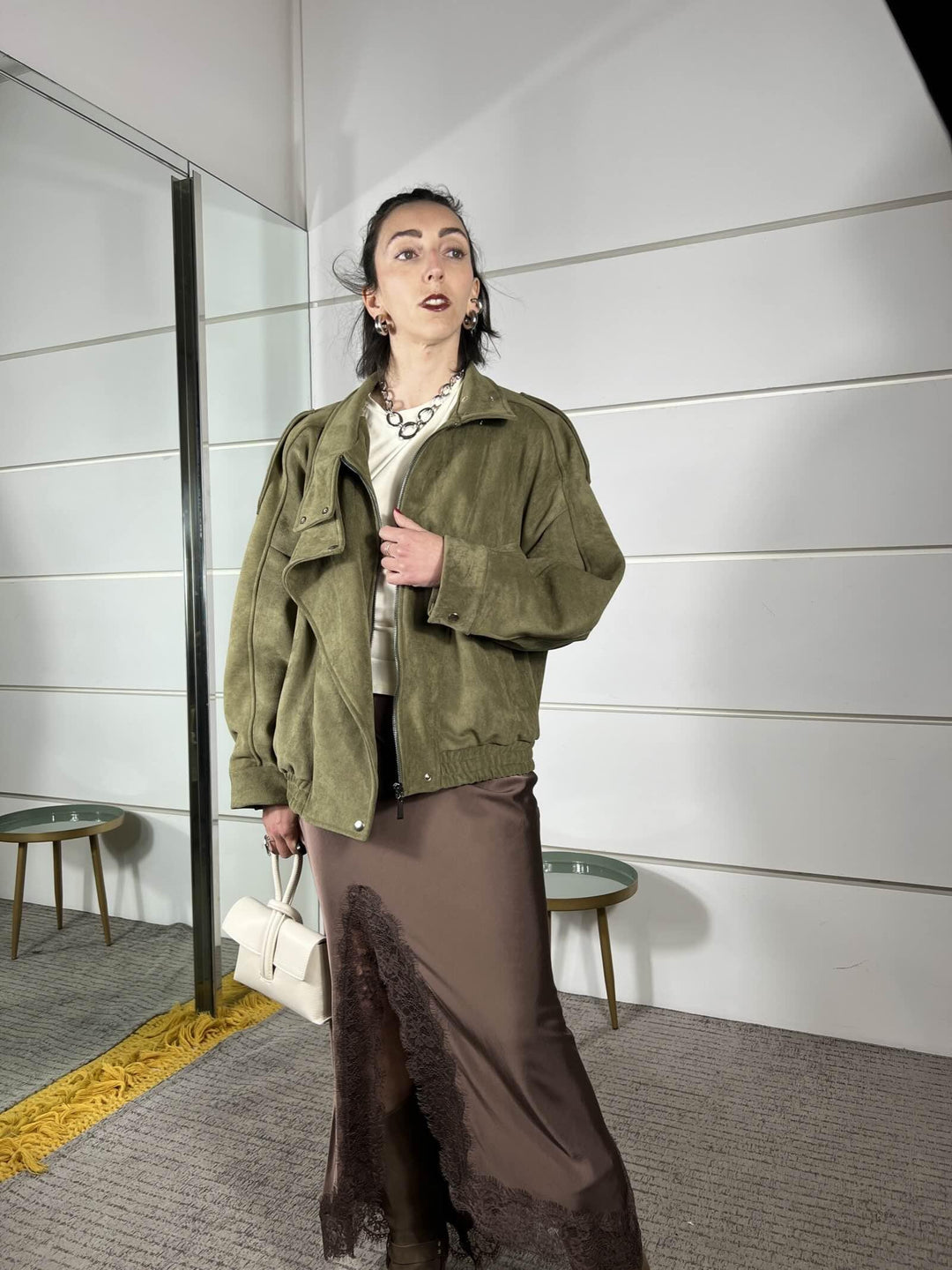 giubbotto a bomber collo alto scamosciato verde militare PE260096MILITARE TENSIONE IN