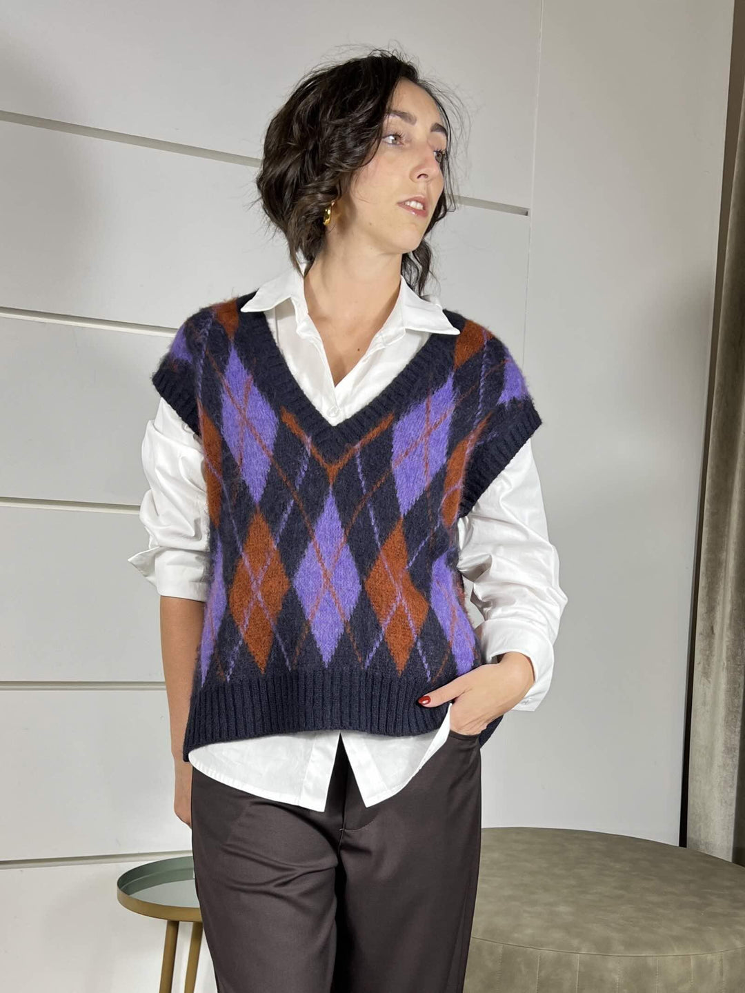 gilet a rombi scollo a v blu in misto lana S01Y0280BLU PHILIA LOFT