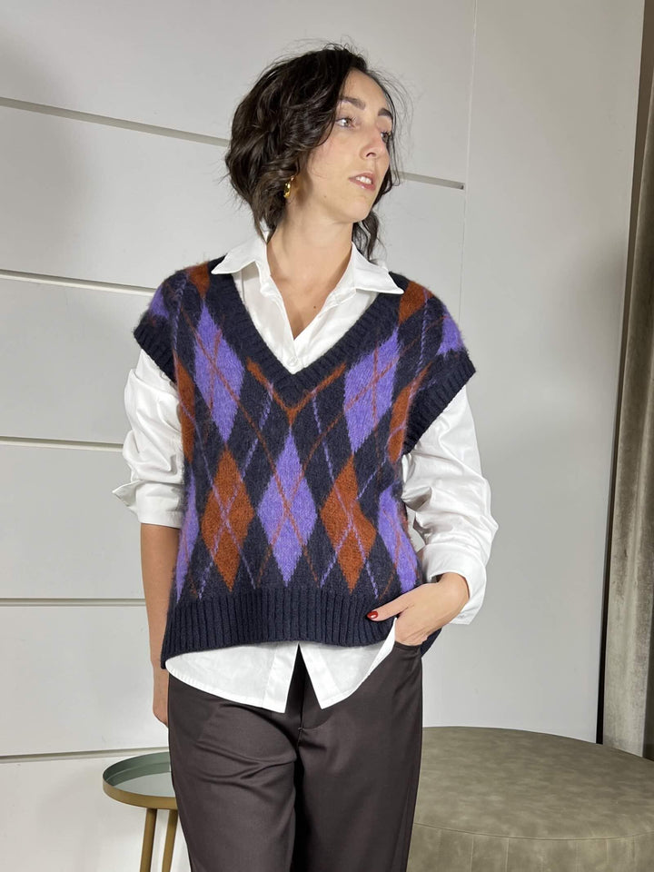 gilet a rombi scollo a v blu in misto lana S01Y0280BLU PHILIA LOFT