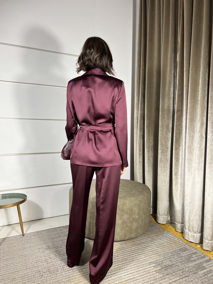 COMPLETO GIACCA CON CINTA E PANTALONE A PALAZZO BORDEAUX 30323VINO SUSY MIX