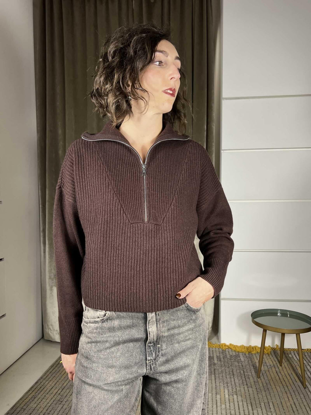 maglione con zip 100% lana moro WL794AI25MORO TENSIONE IN