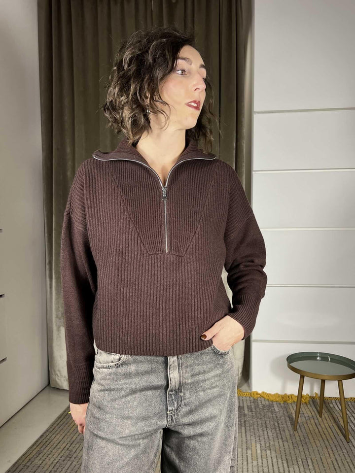 maglione con zip 100% lana moro WL794AI25MORO TENSIONE IN