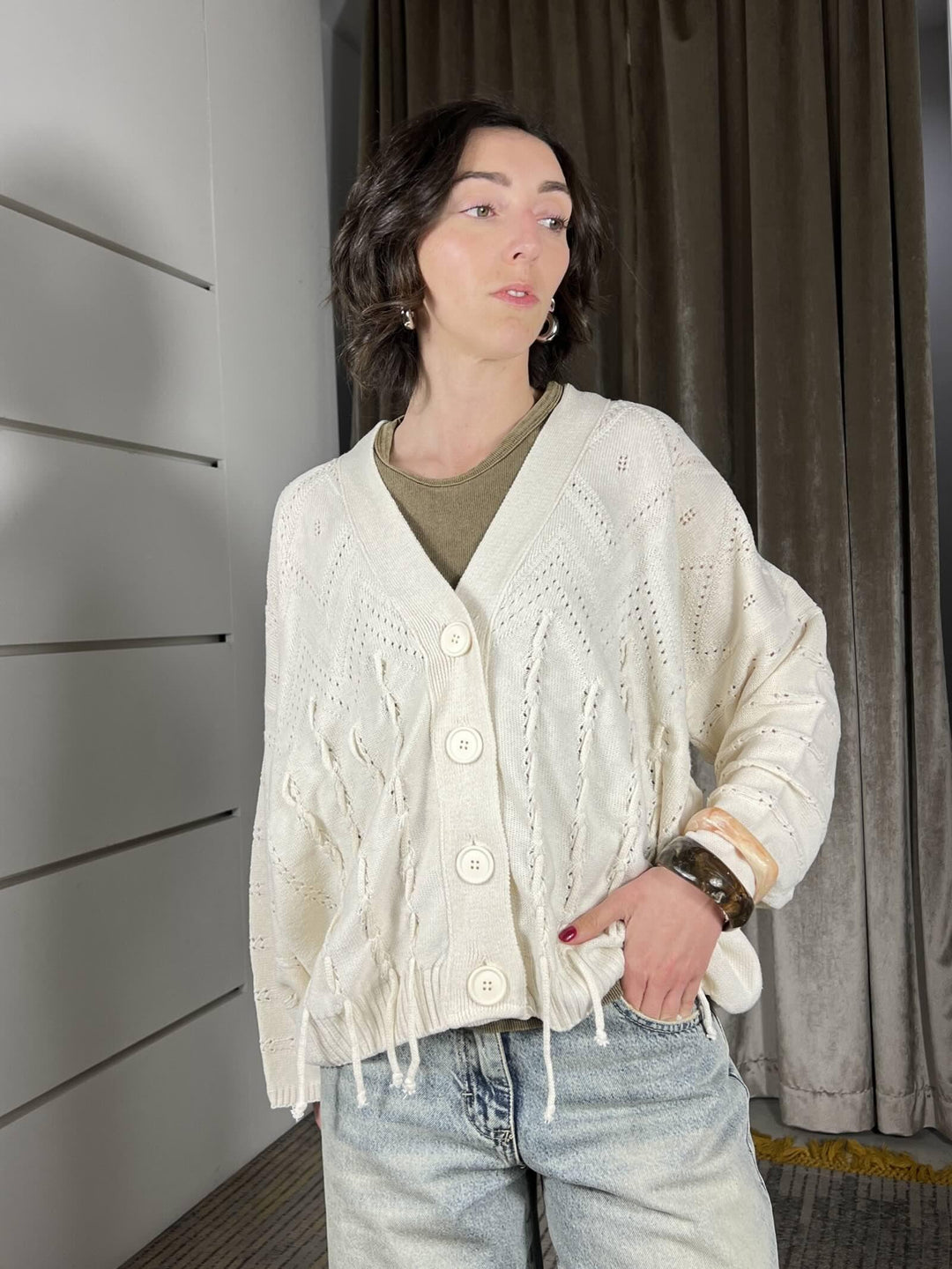 cardigan con frange scollo a v in cotone burro MEV-Q016BURRO HAVE ONE