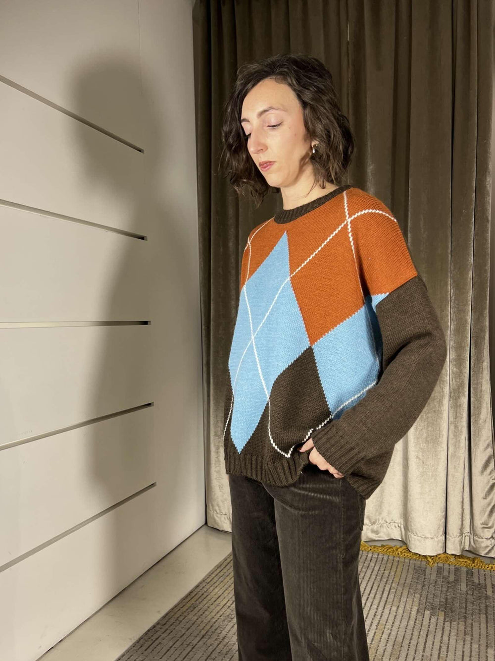 maglia girocollo rombi in miso lana MFP-P329MORO/CELESTE/COCCIO/PASTA HAVE ONE