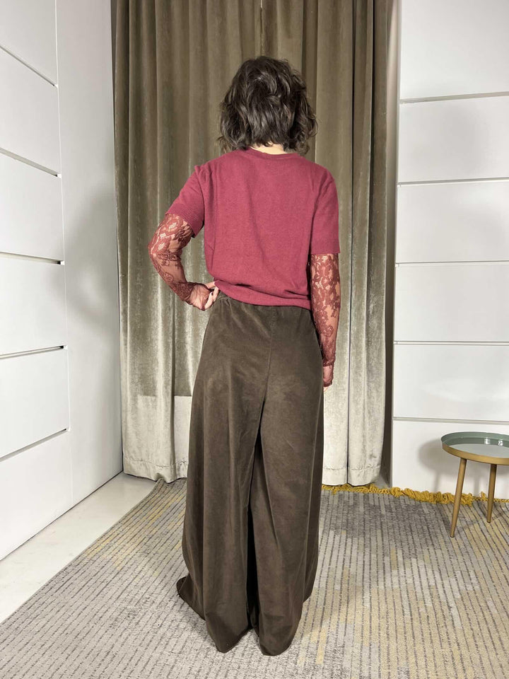 pantalone a palazzo in velluto con elastico e coulisse in vita moro R01L0853MORO PHILIA LOFT