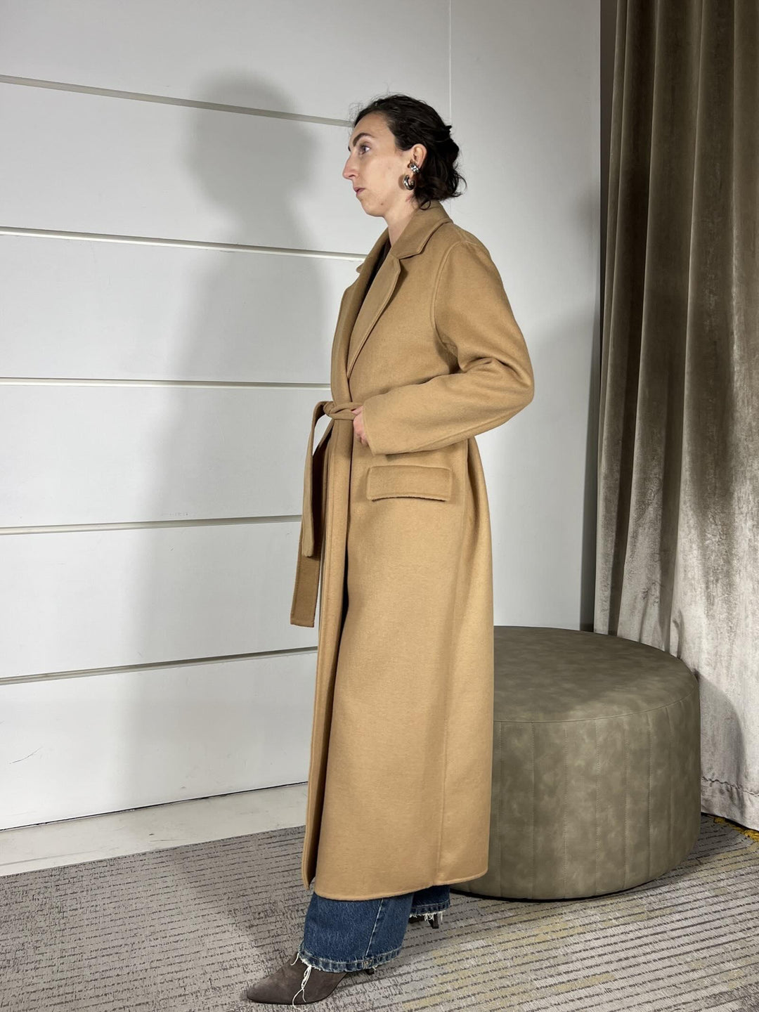 cappotto lungo con cinta e interno tarpuntato hand made 50%wo 50%pl lining 55%pl 45%vi  padding 100%$pl TF0058CAMMELLO VICOLO