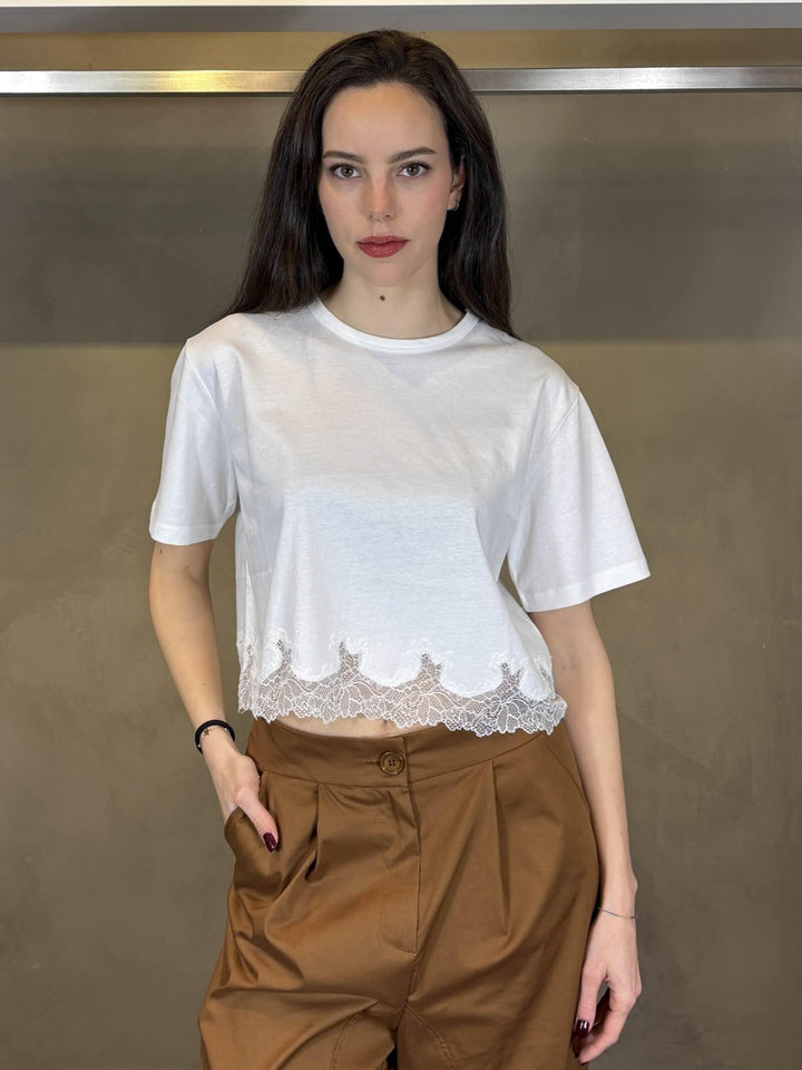t-shirt bianca con pizzo sul fondo 8M1805J389W103 PATRIZIA PEPE PREVIEW