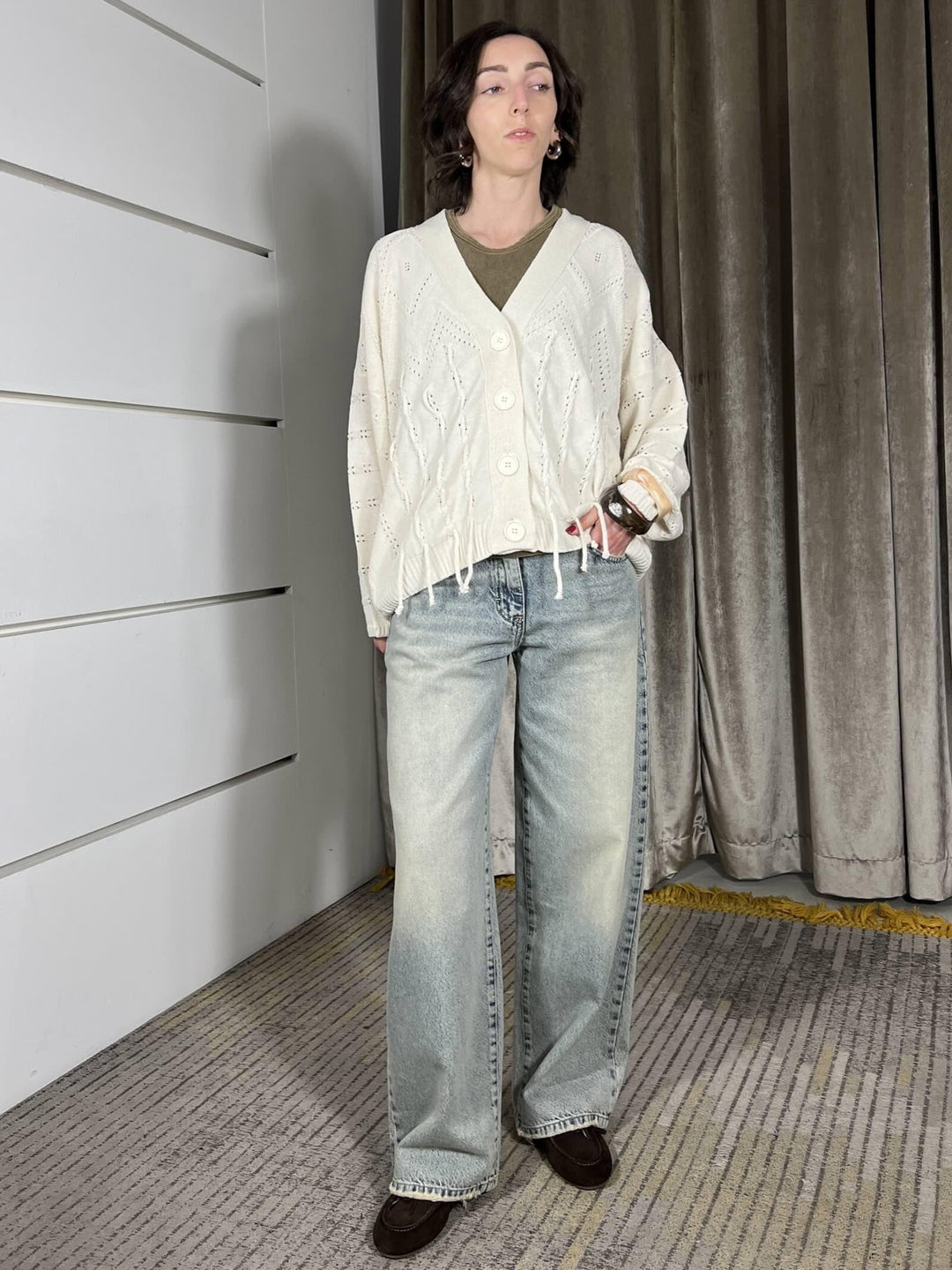 cardigan con frange scollo a v in cotone burro MEV-Q016BURRO HAVE ONE