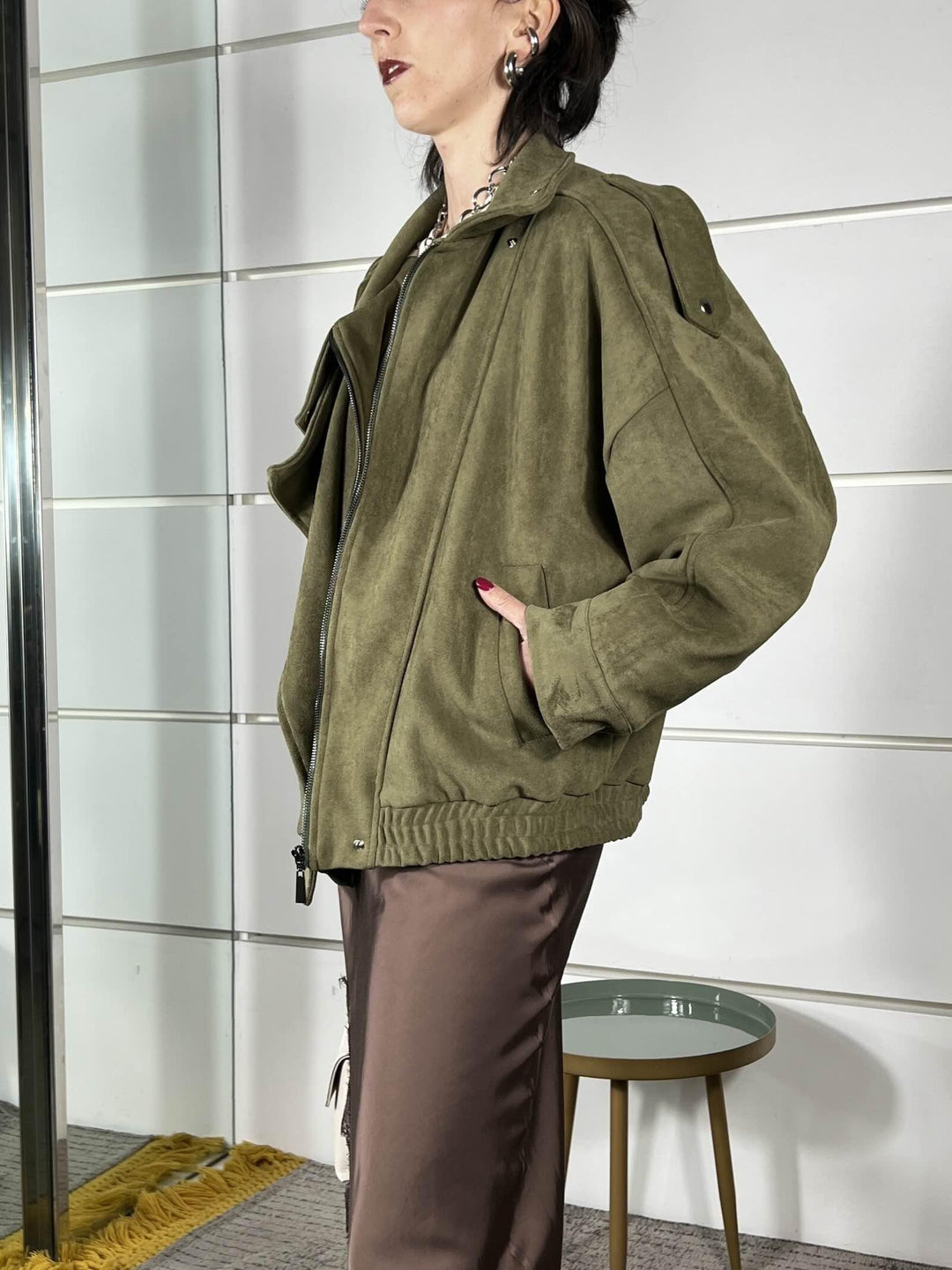 giubbotto a bomber collo alto scamosciato verde militare PE260096MILITARE TENSIONE IN