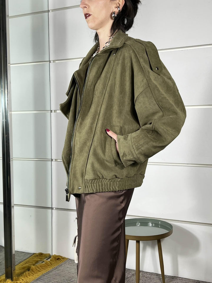giubbotto a bomber collo alto scamosciato verde militare PE260096MILITARE TENSIONE IN