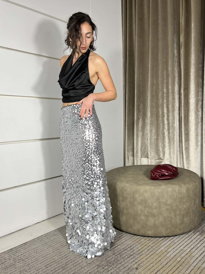 abito o gonna  midi svasato in paillettes degrade'argento ABOC3830 CARLA G