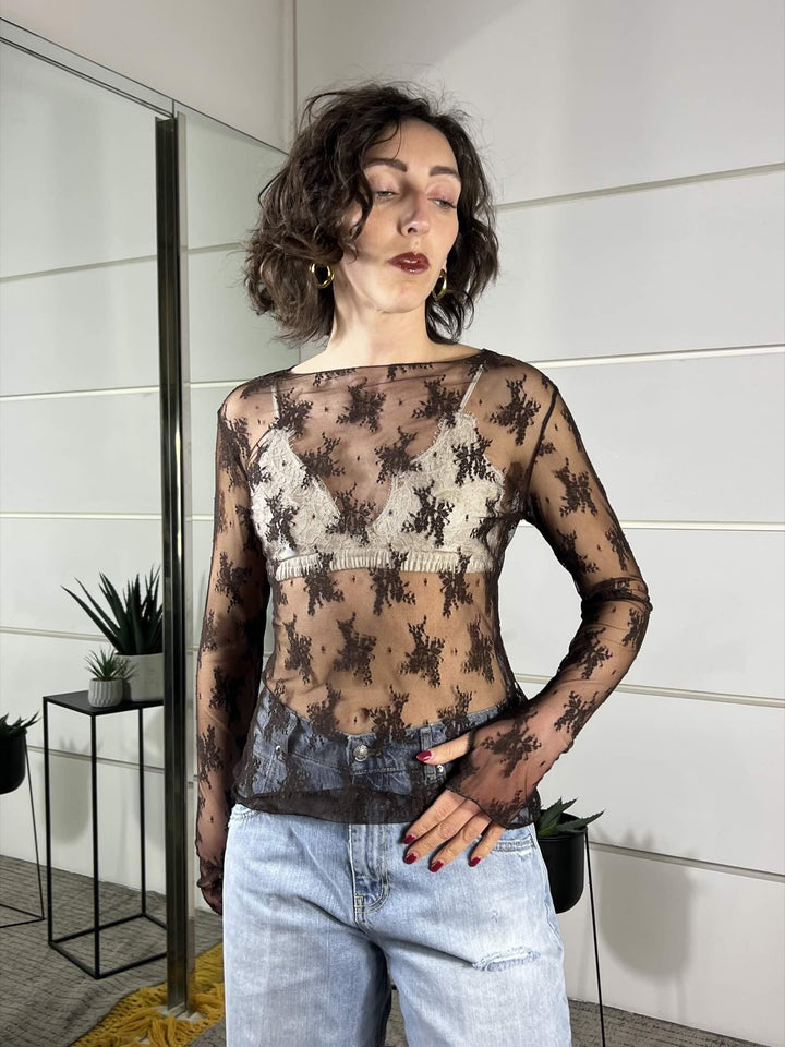 t-shirt in pizzo moro con manicotto 10997MORO SUSY MIX