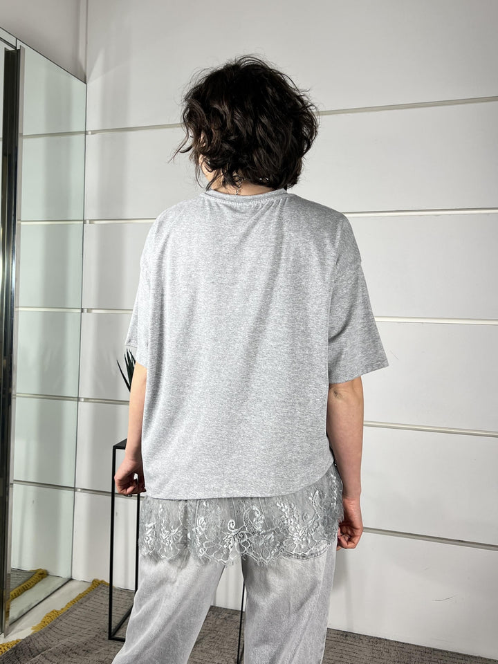 t-shirt manica corta asimmetrica con pizzo grigio melange 26MP8516GRIGIO MELANGE FEMME SELECTION
