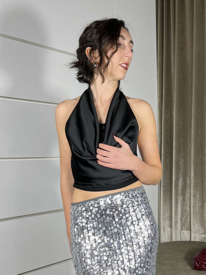 top satin scollo a gronda e pizzo nero RVS-P050NERO HAVE ONE