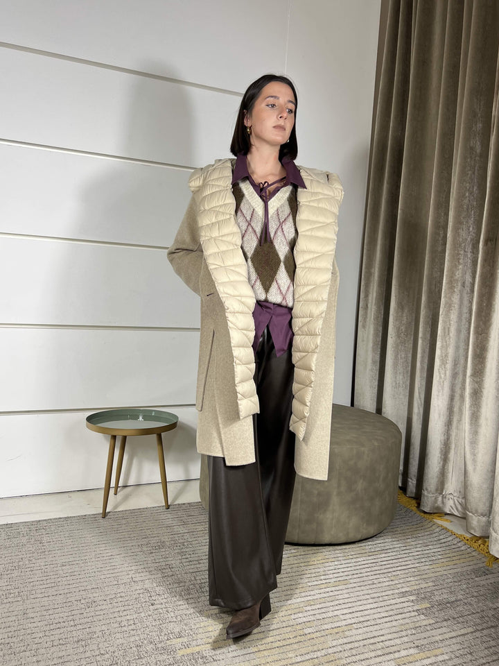 cappotto beige con inserti in piumino con cinta 50% lana hand made TF0028BEIGE VICOLO