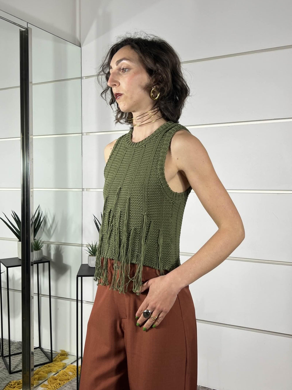 gilet con frange militare in cotone 3AB3024MILITARE 19 VICOLO